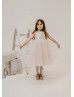 Blush Pink Glitter Lace Tulle Tea Length Flower Girl Dress